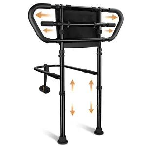 Sturdy safety rail with extended legs for seniors, featuring an adjustable-height bedside support unit with extra-wide handrails.