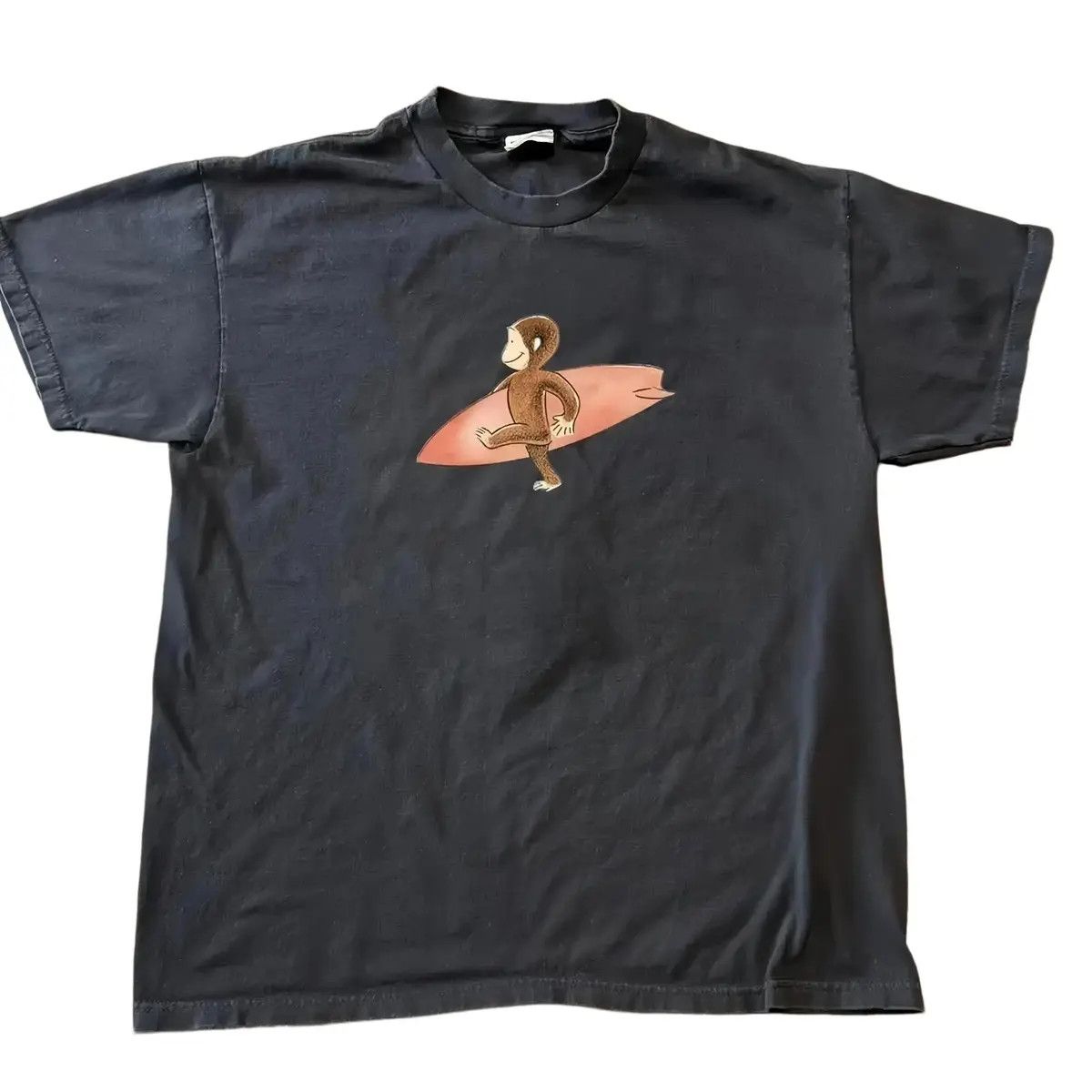 Unisex Boxy Fit Heavyweight Tee Vintage Cute Cartoon Monkey Curious Georgee Surfing Graphic T-Shirt, Unisex Summer Top OOTD Graphic Print Tee, Casual Cotton Crewneck Streetwear Tshirt, Menswear & Womenswear Gifts Streetwear Aesthetic Unisex T-shirts S-5XL