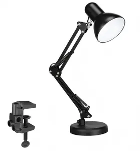 Adjustable Metal Swing Arm Desk Clamp, 2-in-1 Base Clip & Freestanding Base, Multi-Joint Flexible Rotatable Workbench Support Holder, Black