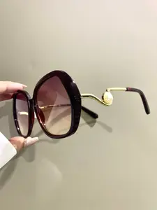Large Frame Irregular Round Glasses, Women's Elegant Wavy Metal Frame with Pearl Decorative Eyeglass