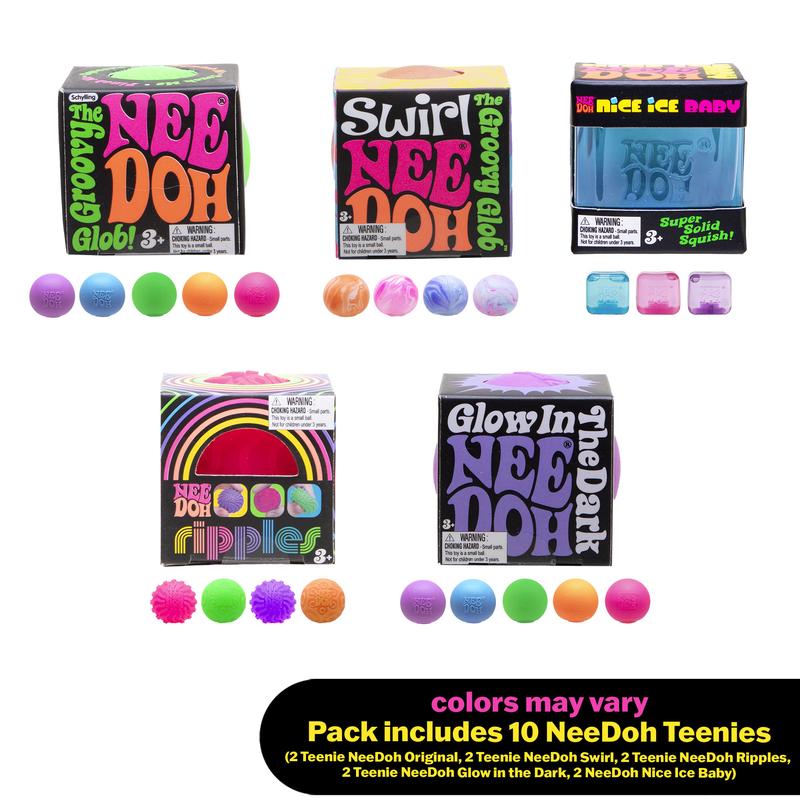 NeeDoh Teenie 10-Pack – 5 Styles of Squishies: Nice Ice Baby, Original, Swirl, Ripples, Glow, Colorful Sensory Fidget Toys for Ages 3+