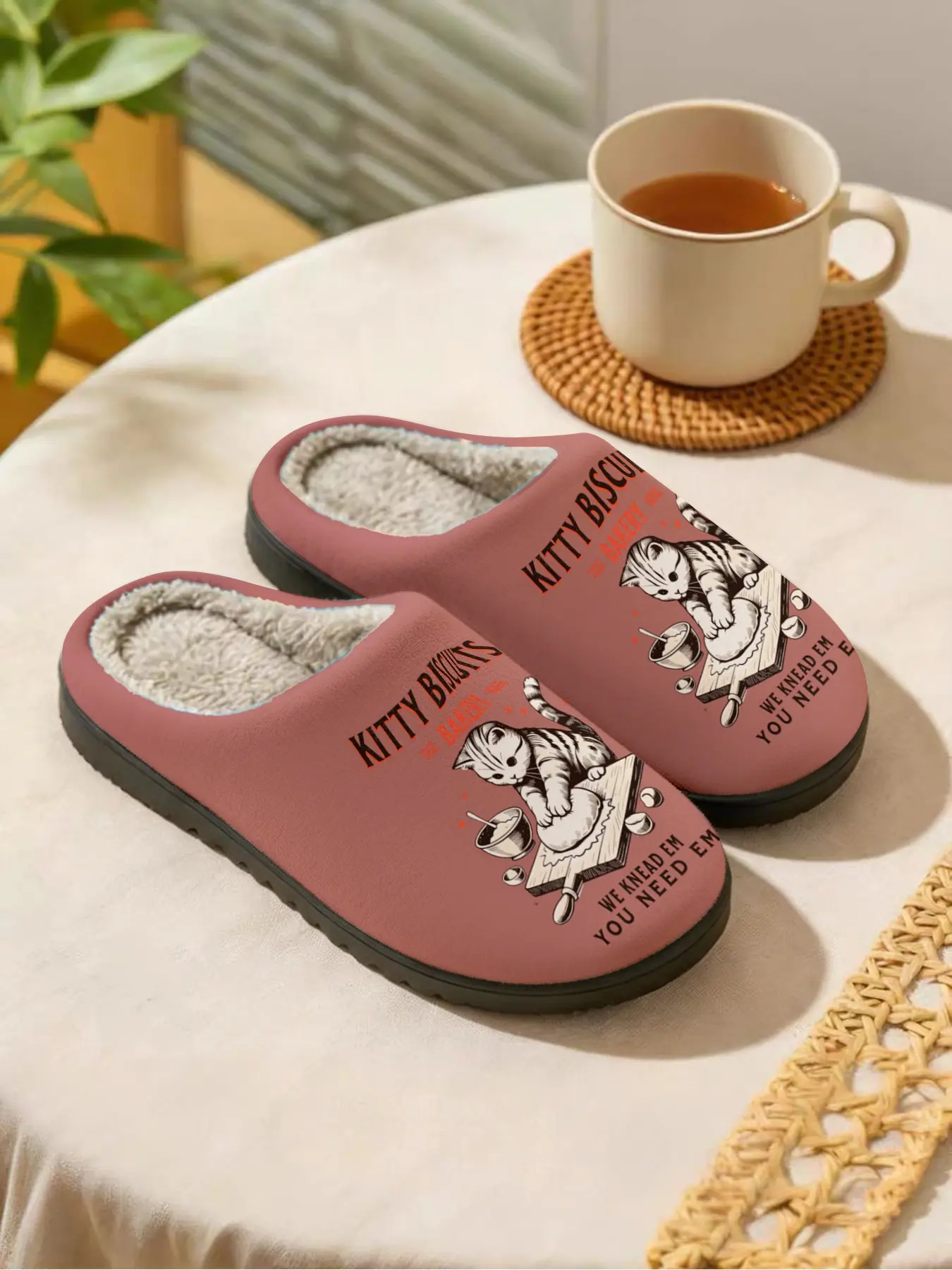 Baking Kitty Slogan | Cute & Healing 1 Pair Faux Fur Lined Non-Slip Cozy Warm Home Plush Slippers For Men & Women (Lounging/Relaxing/Bedroom/Living Room) Autumn Winter