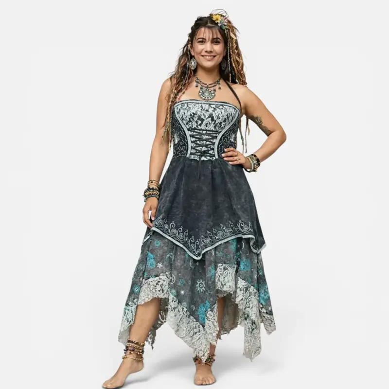 Fairy Corset Handkerchief Dress | Adjustable Lace-Up Boho Festival Dress | Elastic Back | Layered Handkerchief Hem