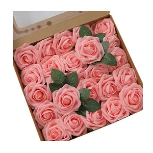 25 Realistic Ivory-Colored Foam Artificial Roses with Stems, perfect for DIY wedding bouquets, centerpieces for bridal showers, party table decorations, and gifts for occasions such as Valentine's Day and Teacher's Day