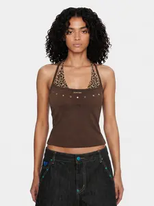 Aelfric Eden Leopard Halter Studded Cami Top Slim Fit Contrast Leopard Print Panel & Studded Detail Halter Neck Tie Casual Y2K Retro Streetwear Top