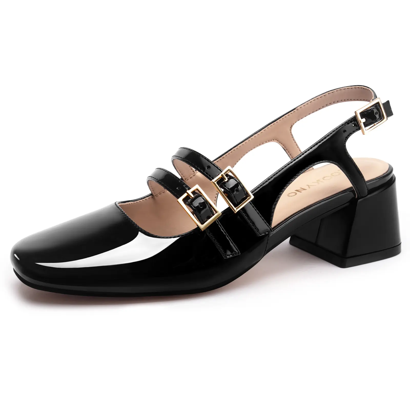 Women's Classic Mary Jane Pumps, Retro Patent Leather Slingbacks with a Chunky Low Block Heel and Square Toe, Footwear, Rubber, Chic, Minimalist, Casual Wear