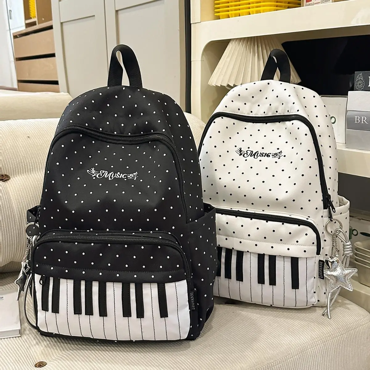 Women’s Piano‑Key Polka Dot Backpack, Large‑Capacity Preppy Style Student School Bag, Simple Versatile Canvas Travel Daypack