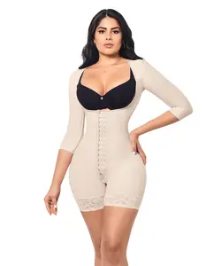 Open Bust Bodysuit Mid Thigh • Long Sleeves • 3 Compression Hook Levels • Perineal Zipper • Beige  • Black (O-015/O-215)