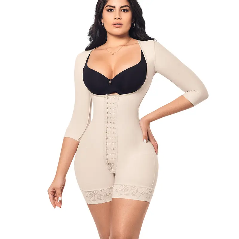 Open Bust Bodysuit Mid Thigh • Long Sleeves • 3 Compression Hook Levels • Perineal Zipper • Beige  • Black (O-015/O-215)