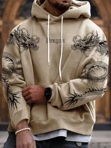 Men's Hooded Sweatshirt with Dragon Print, Drawstring Drop Shoulder Fitted Long Sleeve Pullover, Casual Fall & Winter Fashion