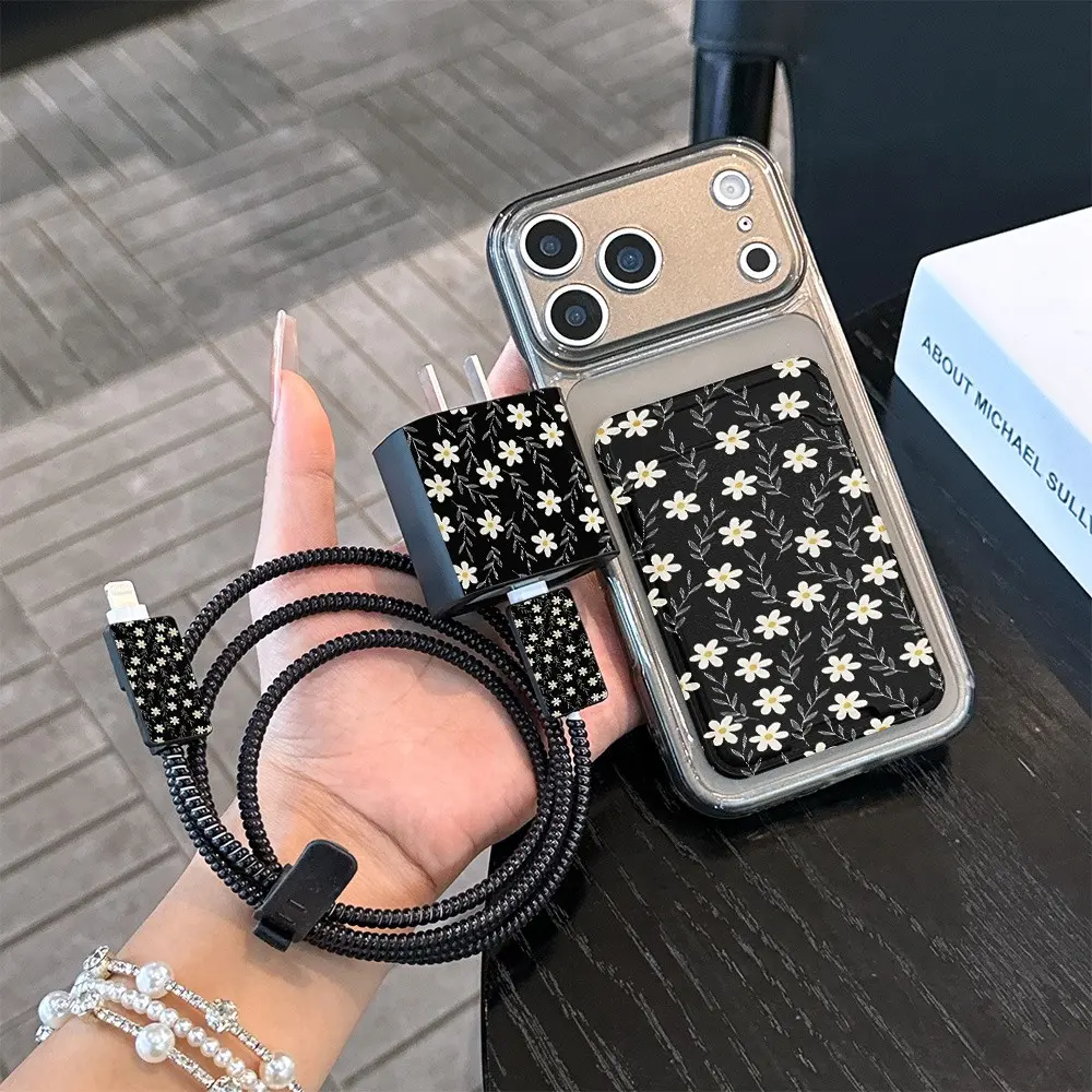 7-Piece Set Retro Daisy Phone Case, Card Holder, Charger Sleeve, Cable Protector, Data Line Organizer, Shockproof for iPhone 11-16 Series