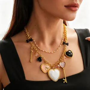 Pearl Heart Bow Key Double Layer Sweater Chain Pendant Necklace - Elegant and Unique