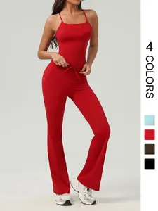 Two-Piece Set Women's Solid Backless Crop Tank Top & High Waist Flare Leg Pants Set, Casual Comfy Breathable Two-piece for Yoga Gym Workout, Ladies Sportswear for All Seasons, Clothes, Sporty Set