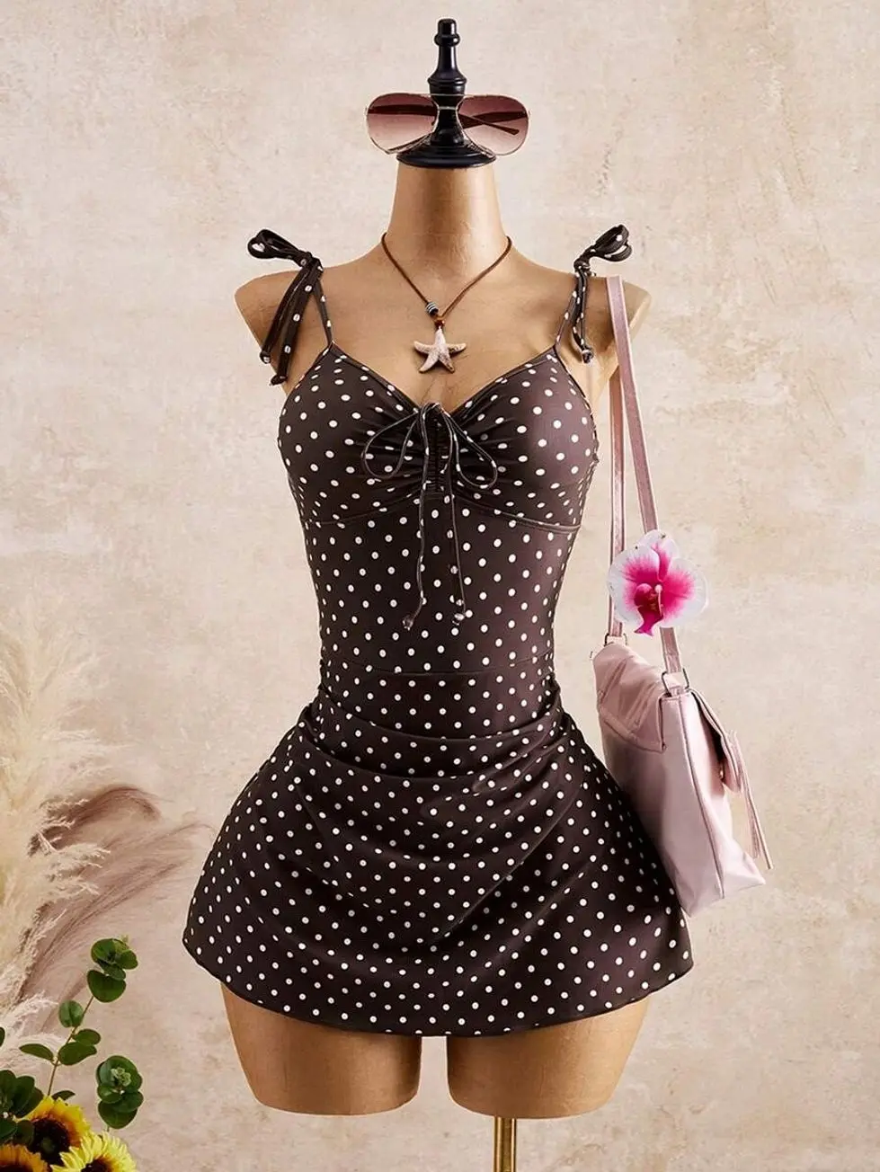 Bellisia Chocolate Brown Polka Dot Swim Dress | Retro Pin-Up Tie-Shoulder One-Piece Swimsuit | Ruched Tummy Control A-Line Bathing Suit