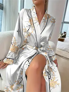Satin Plum Printed Comfort Home Robe Robe Sleeping Nightwear Lace-Up Bathrobe Fashion Robe Long Sleeve Loungewear