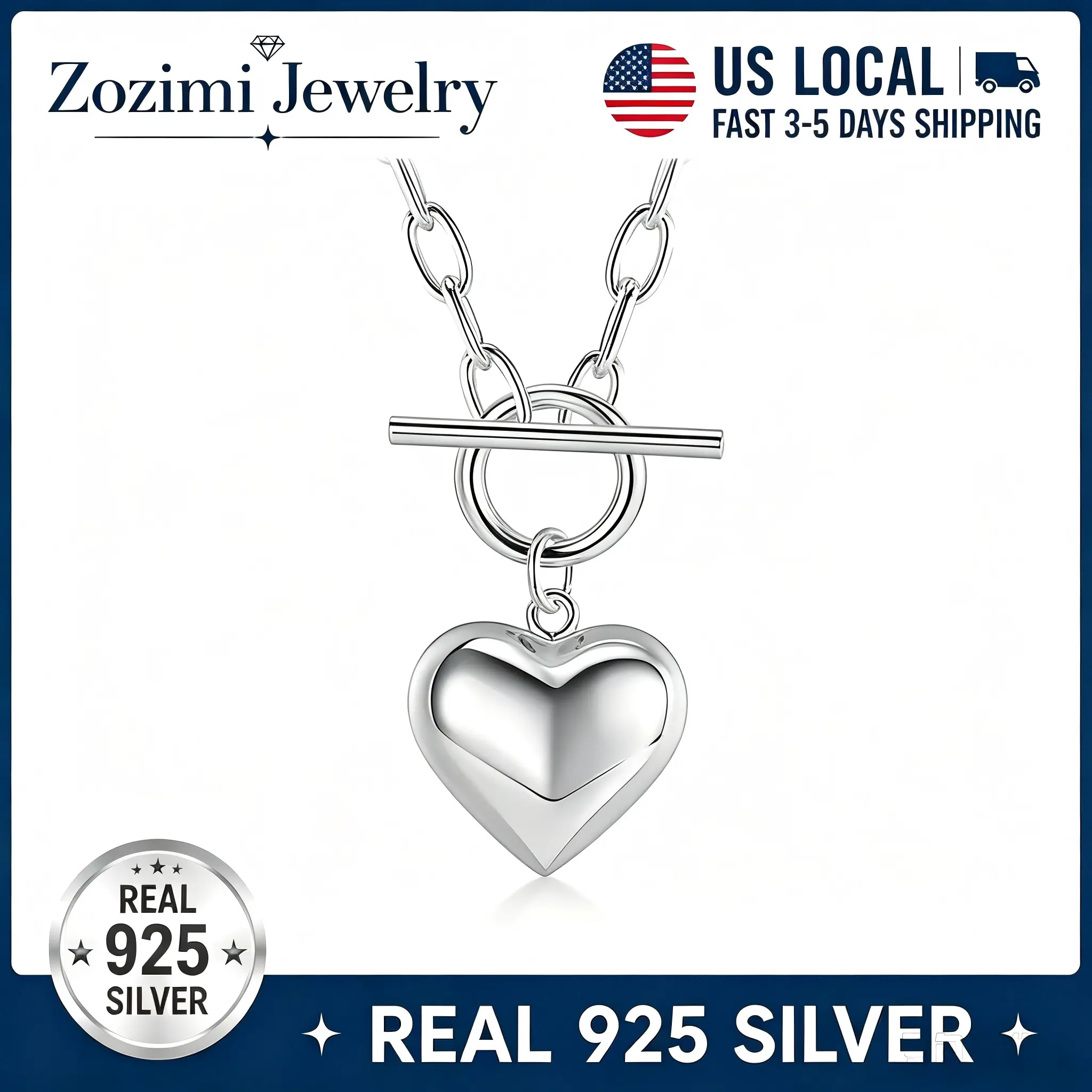 S925 Sterling Silver Toggle Clasp Heart Pendant Necklace Smooth 3D Layered Heart Charm Paperclip Chain OT Buckle Choker Minimalist Vintage Layering Jewelry Gift For Women Girls Daily Outfit Anniversary Birthday Valentine
