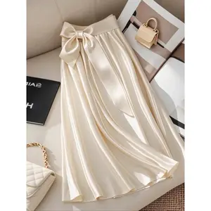 Women’s elegant satin midi skirt, loose A-line design, bow waist detail, spring and autumn fashion, woven fabric
