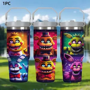 1pc 30oz Stainless Steel Durable Insulated Mug, Nightmare at Freddy's | Horror Cartoon Theme Tumbler, with Handle and Straw, Car Mug, Suitable for Outdoor Camping, Personalized Gift for Birthdays/Holidays