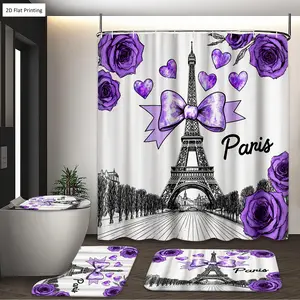 1/3/4PCS Vintage style Eiffel Tower with Purple Roses Shower Curtain Set with Rugs, Non Slip Bath Mat, U-Shape Carpet, Toilet Lid Cover, Polyester Fabric Bathtub Curtain Accessories, 12 Hooks, Home Bathroom Festival Decor