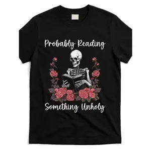 Men's Gothic Book Lover T-Shirt - 100% "May Be Reading Some Immoral Content" Skull and Open Book Design - Casual Crew Neck Halloween and Casual Apparel, Suitable for Dark Fantasy Fans - Adult Fun Reading Apparel - Features Red Rose and Gothic-Inspired Spo