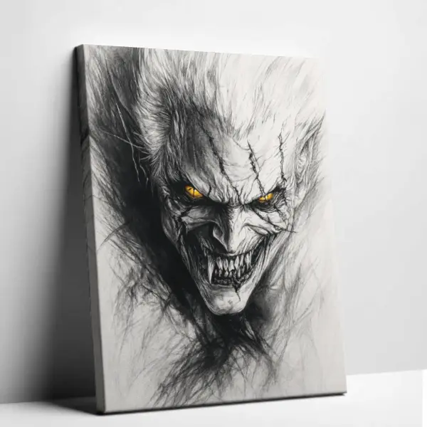 Halloween Dark Demon Wall Art, Creepy Evil Monster Charcoal Sketch Poster with Spooky Yellow Eyes, Man Cave Home Decor Gift