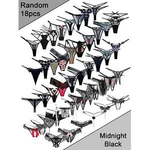 Midnight Black 18Pcs Lot High Quality Lace Thongs Multiple Styles Combo with Beautiful Embroidery Cutout Crotch Adjustable Waist Breathable Soft Sexy Panties