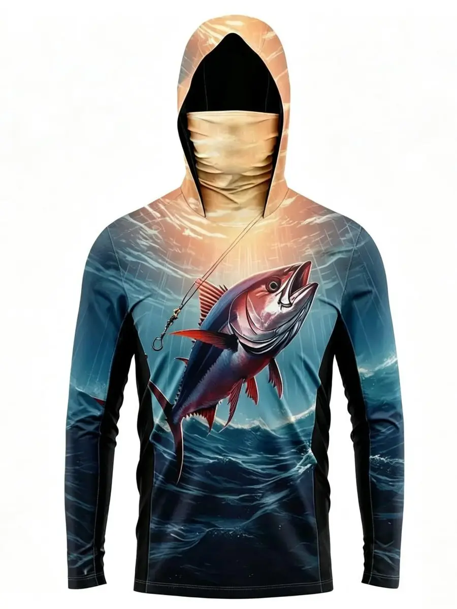Men's Ice Silk Fishing Hoodie with Neck Gaiter Face Mask - Long Sleeve UV-Protective Sun Shirt, Quick Dry for Outdoor Sports