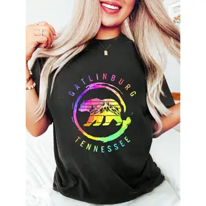 Gatlinburg Tennessee Great Smoky Mountains Bear Souvenir T-Shirt Print Round Neck Short Sleeve T-Shirt For Women Casual, Summer, Women Top Graphic Tees Women Tops Clothes Womenswear Apparel Cotton Pieces Printed Seamless Soft Twist Crewneck