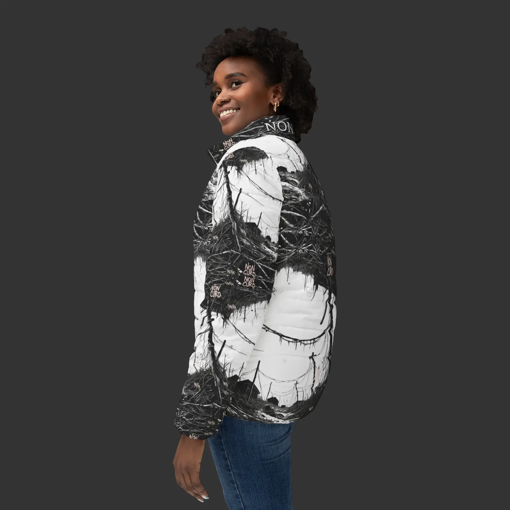 "NON CURO" WOMEN'S PUFFER JACKET — "STRANGER THINGS"  SETTING ALL OVER PRINT