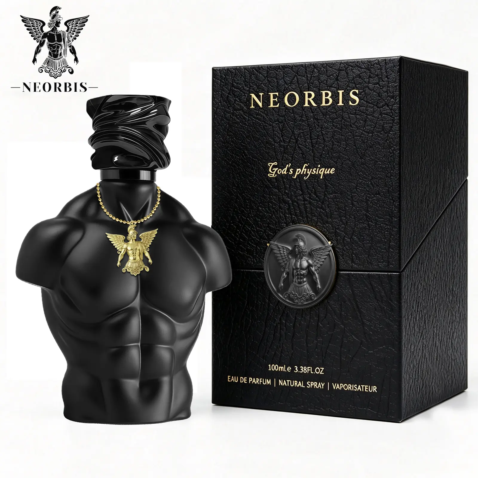 NEORBIS Men's Aromatic EDP Spray - 100ml Citrus Scent, Bold Citrus Blend, Geranium, Warm Cinnamon Clove, Coumarin Base, Gold Bottle with Sculpted Abs & Warrior Medallion, Masculine Aromatic Fragrance for Confident Day-to-Night Wear, Citrus Men's Fragrance