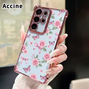 Phone Case Compatible with Samsung Galaxy S26 Ultra S24 Plus S25 S22+ FE Edge Pink floral reverie Pattern Four Corners Air Cushion Anti-drop Premium Plated Cover Casing Clear Protective