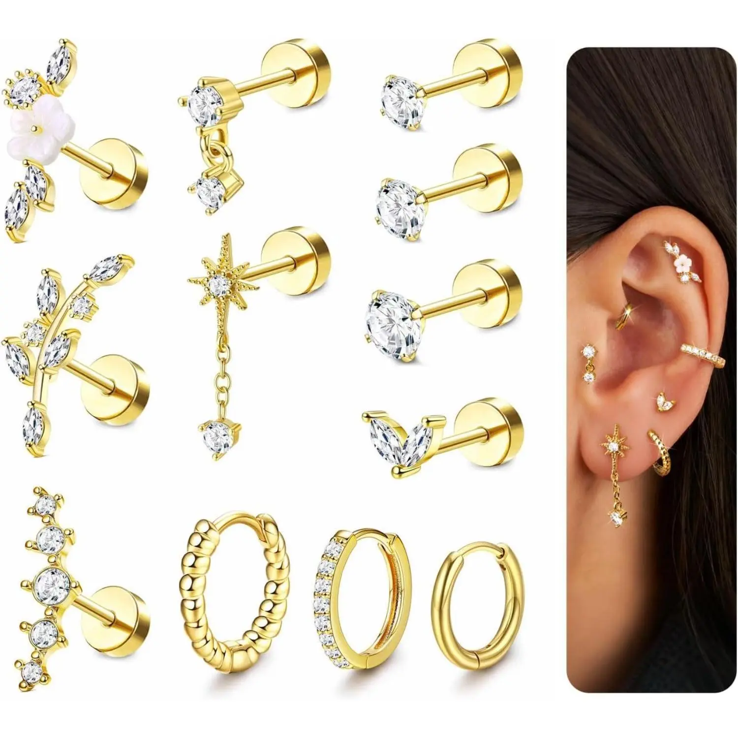 YADOCA 12Pcs Helix Piercing Jewellery Surgical Steel Tragus Earrings Set Flat Back Earrings Stud Flower Ear Piercing Helix Hoop Cartilage Earrings Silver Gold Conch Daith Tragus Piercing Jewellery