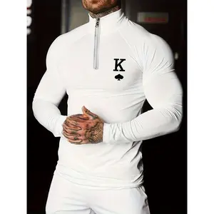 Men's Athletic Compression Long Sleeve Zip-Up Shirt - Stretchy Polyester & Elastane Blend, Stand Collar with Thumb Holes, Solid White - Perfect for Gym & Casual Wear