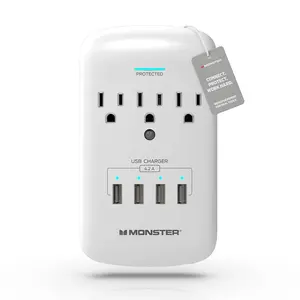Monster Surge Protector Wall Plug with USB Ports for Phones and Tablets - 3 Outlets, 4 USB-A, 300 Joules, Fireproof, ETL Listed
