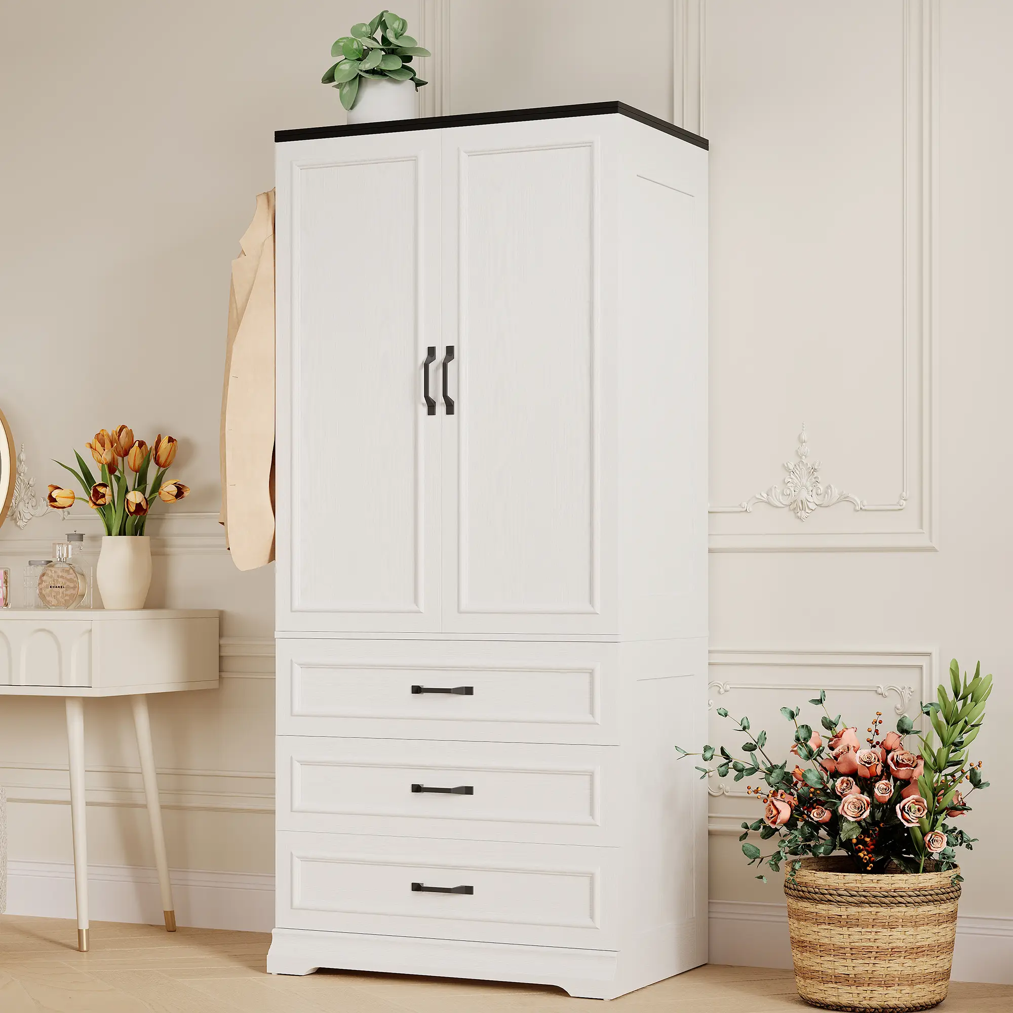 IRONCK Armoire Wardrobe Closet 70.8" H,with 2 Doors and 3 Drawers,Bedroom Wooden Wardrobe with 3 Hooks & Hanging Rod,Freestanding Closet System