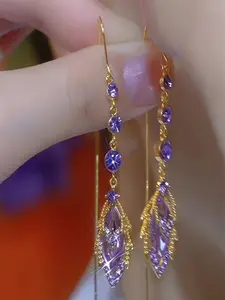 1 pair of women's purple maple leaf artificial crystal tassel earrings, exquisite, fashionable, and super bright, are the perfect gift for women in daily life such as festivals, parties, and leisure banquets/Valentine's Day/Mother's Day/
