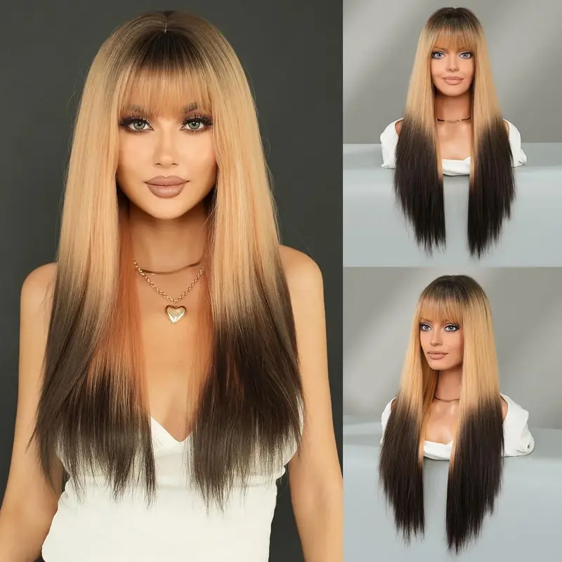 Long Straight Ombre Blonde Black with Bangs 28 Inch Ash Blonde Half wig with Dark Roots and Black Hair Tail Dye Natural Synthetic Layered Heat Resistant Wig for Women Daily Party Use