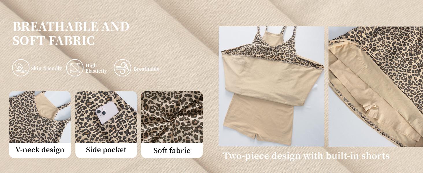 Tanming x katrinadimiele Women's Leopard-Print Athletic Romper Dress - V-Neck, Spaghetti Straps, Sleeveless, Built-in Shorts - Summer Sporty Active Wear Dress for Casual, Workout, Yoga (Women's Clothes), Athletic Dresses, Sporty Dress