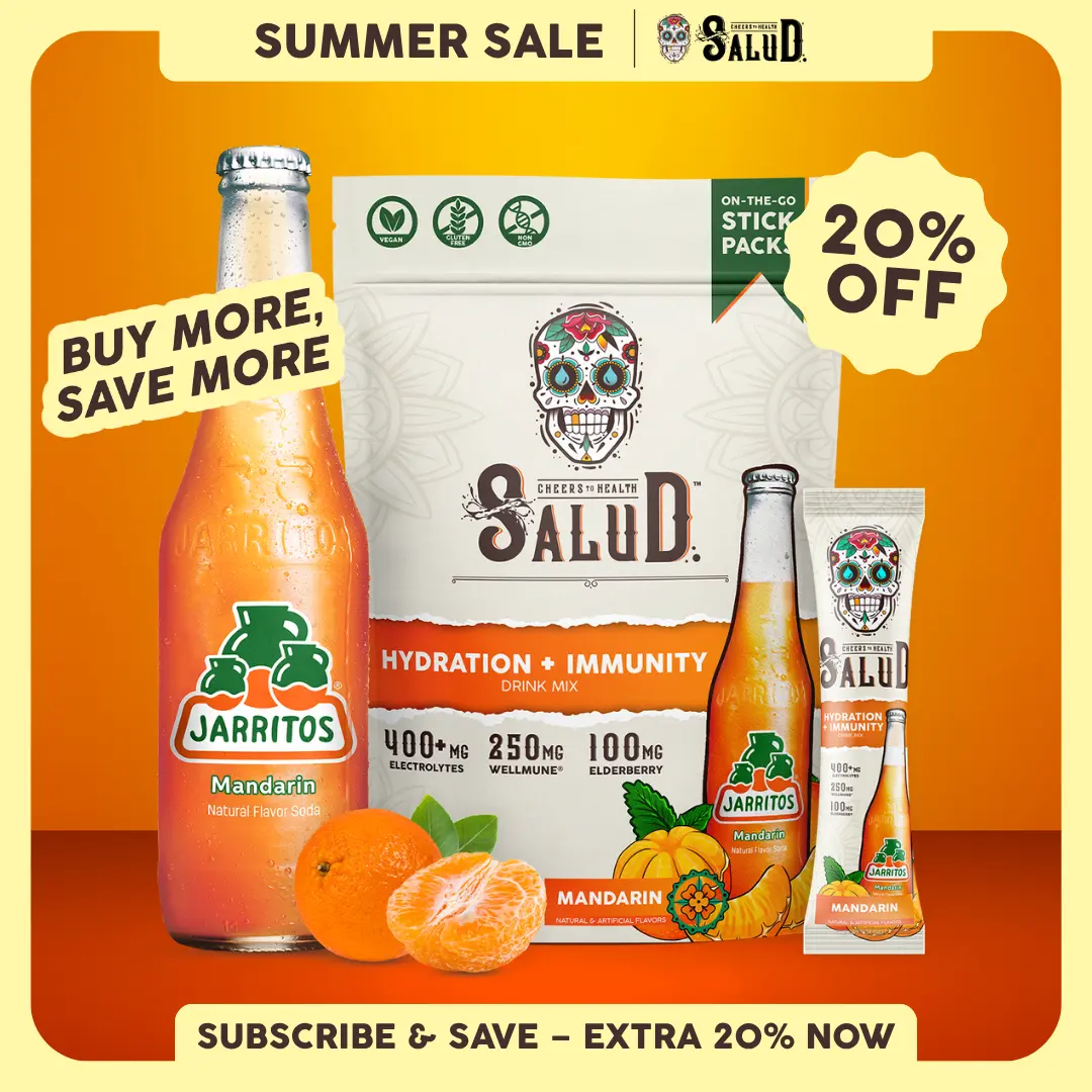 Salud x Jarritos 2-in-1 [Hydration & Immunity - Mandarin] Electrolytes Powder, Agua Fresca Drink Mix, Elderberry, Dairy & Soy Free, Non-GMO, Gluten Free, Vegan, 1g Sugar (15 Servings)
