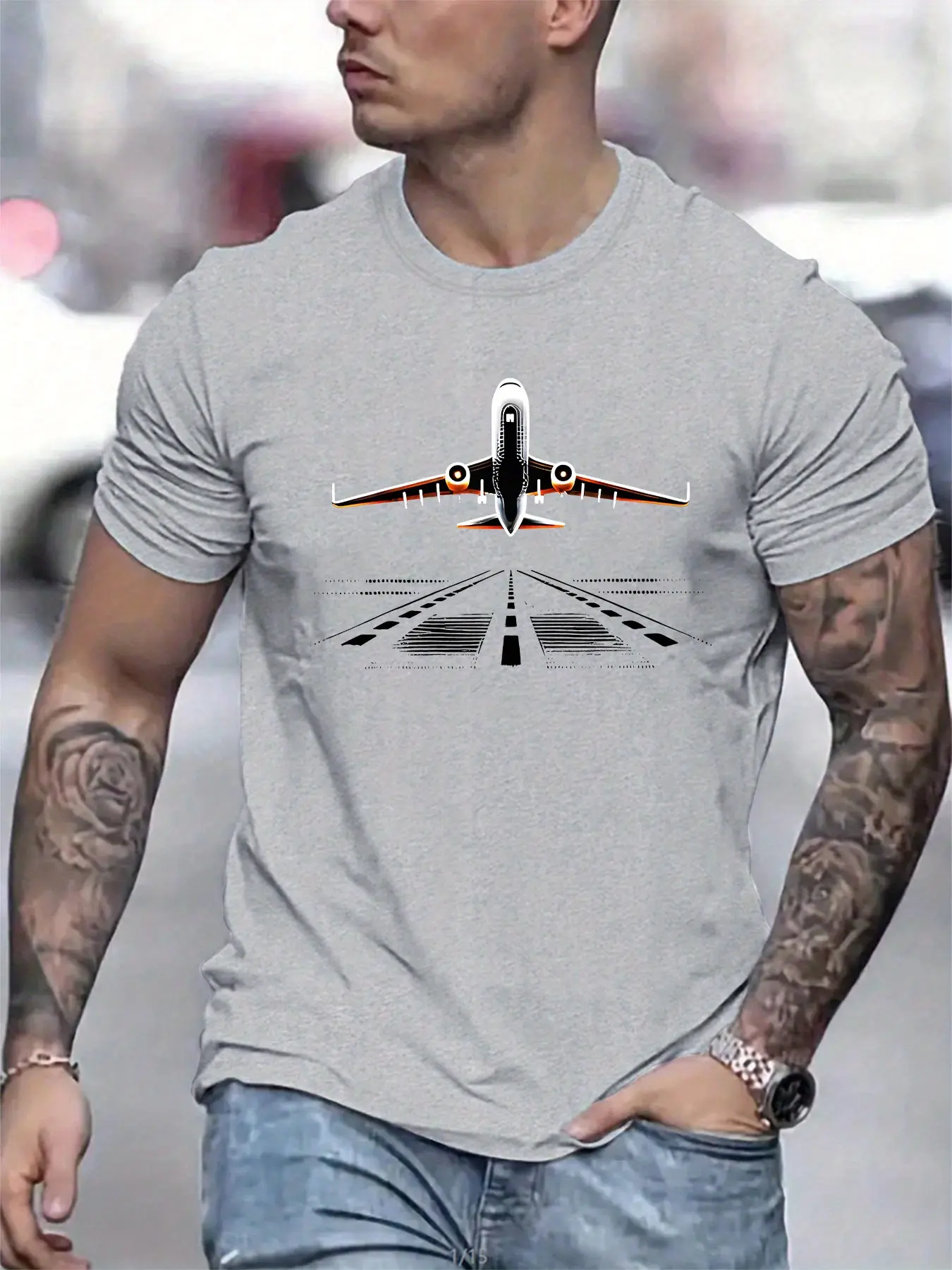 Men's Classic Short-Sleeve Cotton Fabric Airplane Runway Graphic Tee - Pilot Aviation Print, Minimalist Travel Aesthetic, Soft Casual Streetwear Top for Plane Lovers