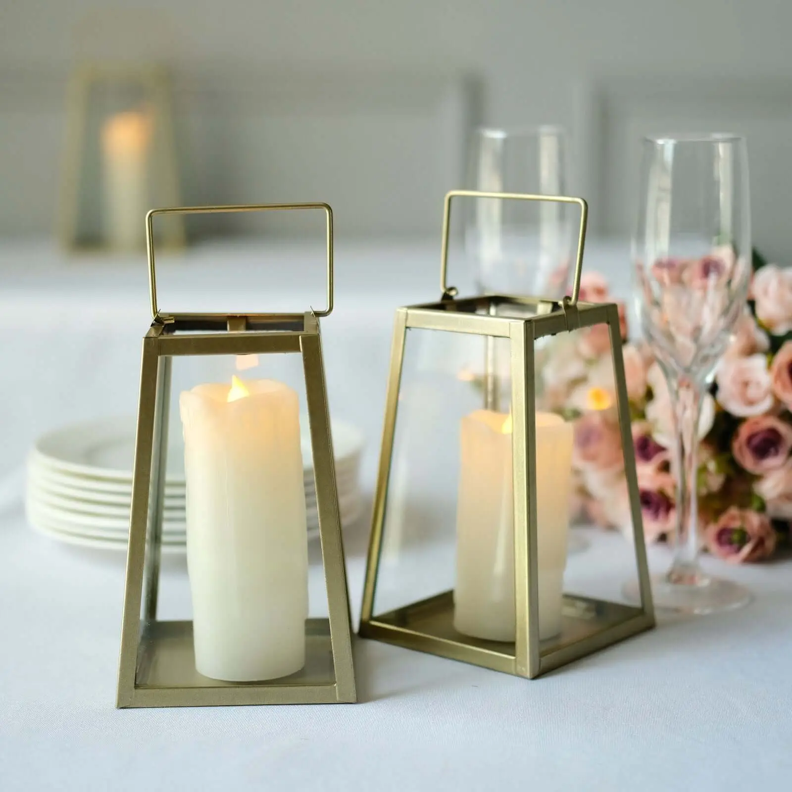 2-Pack Metal Candle Lanterns 6" Trapezoid Geometric Design Gold - Hanging Terrariums Table Centerpieces for Indoor/Outdoor