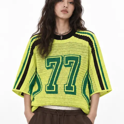 Aelfric Eden Women's Comfort Knit Top - 77 Stripe Graphic, Color Blocking, Y2k, Short Sleeve, 2025 Trend, Breathable Fabric, Preppy Vintage Work Streetwear, Figure-Flattering Women's T-Shirt