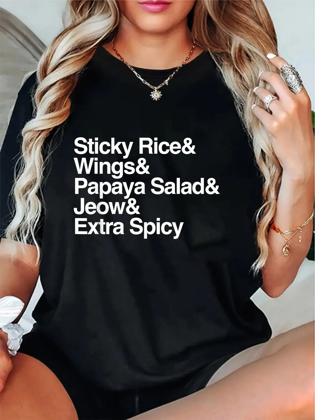 Men's 100% Cotton Unisex Crewneck Short-Sleeve Streetwear Graphic T-Shirt - Laos Themed, Sticky Rice & Asian Food Wings Print, Vintage Distressed Everyday All-Seasons Top
