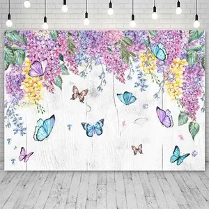 Butterfly Floral Backdrop Purple Flower Style Polyester Fabric Photography Background Wrinkle Resistant HD Print Party Decor Photo Booth