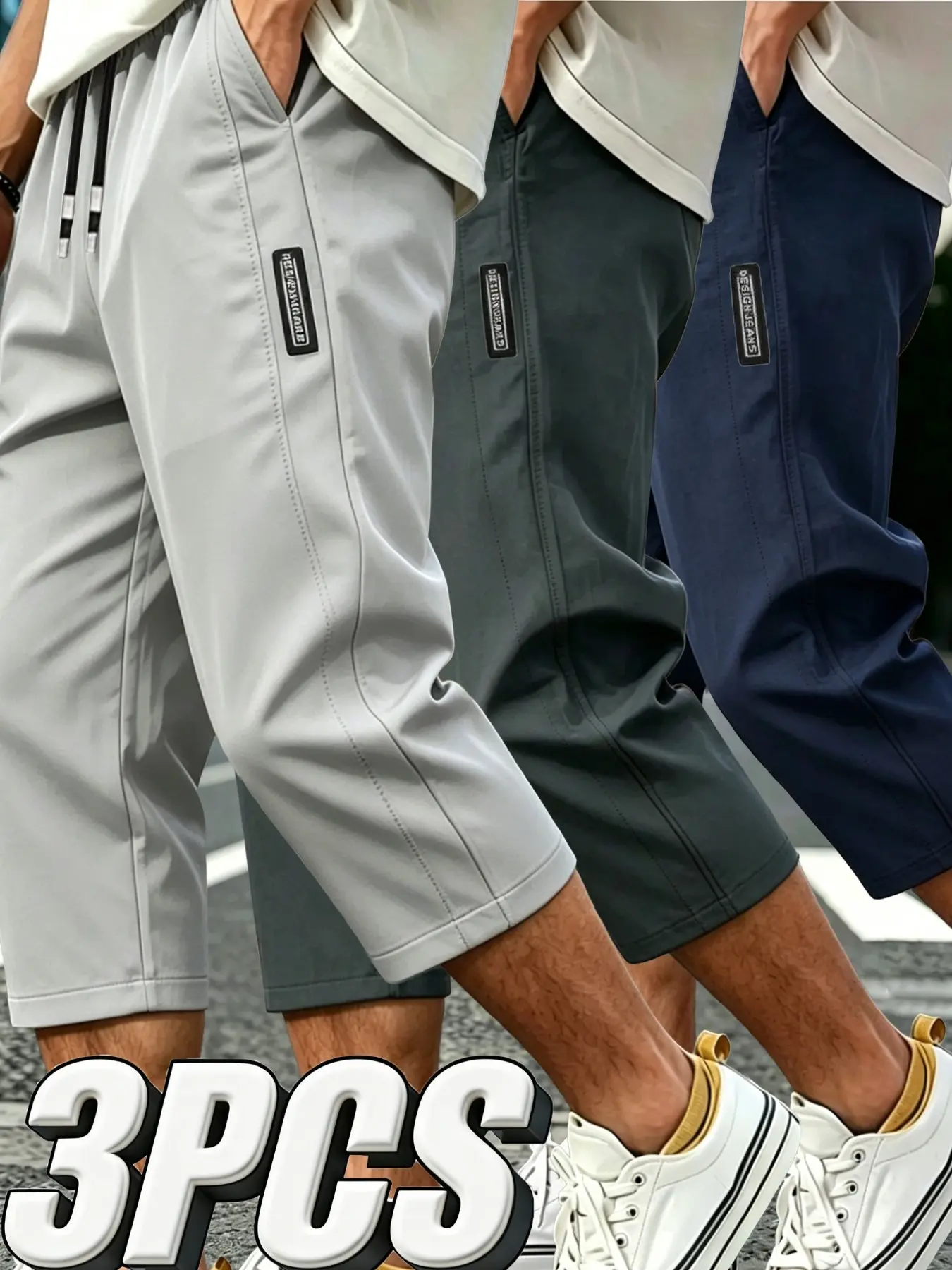 3PCS Men's Quick-Dry Sporty Casual Comfy Athletic Fitness Capri Pants, Lightweight Breathable Polyester, Fashion Casual Summer Wear, Sweat-Resistant Fabric