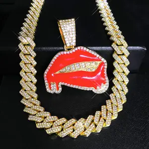 Hip Hop Bold Statement Necklace - Diamond-Inlaid Drip Oil Sexy Red Lip Pendant, Unique Creative Alloy Cuban Link, Bling Must-Have for Trendsetters (Daily/Street/Party)
