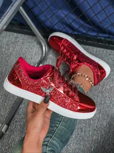 Women's Fashion Glitter Casual Sneakers, DIY Detachable Decoration, Breathable Lightweight Soft Low Top Lace-Up Skate Shoes