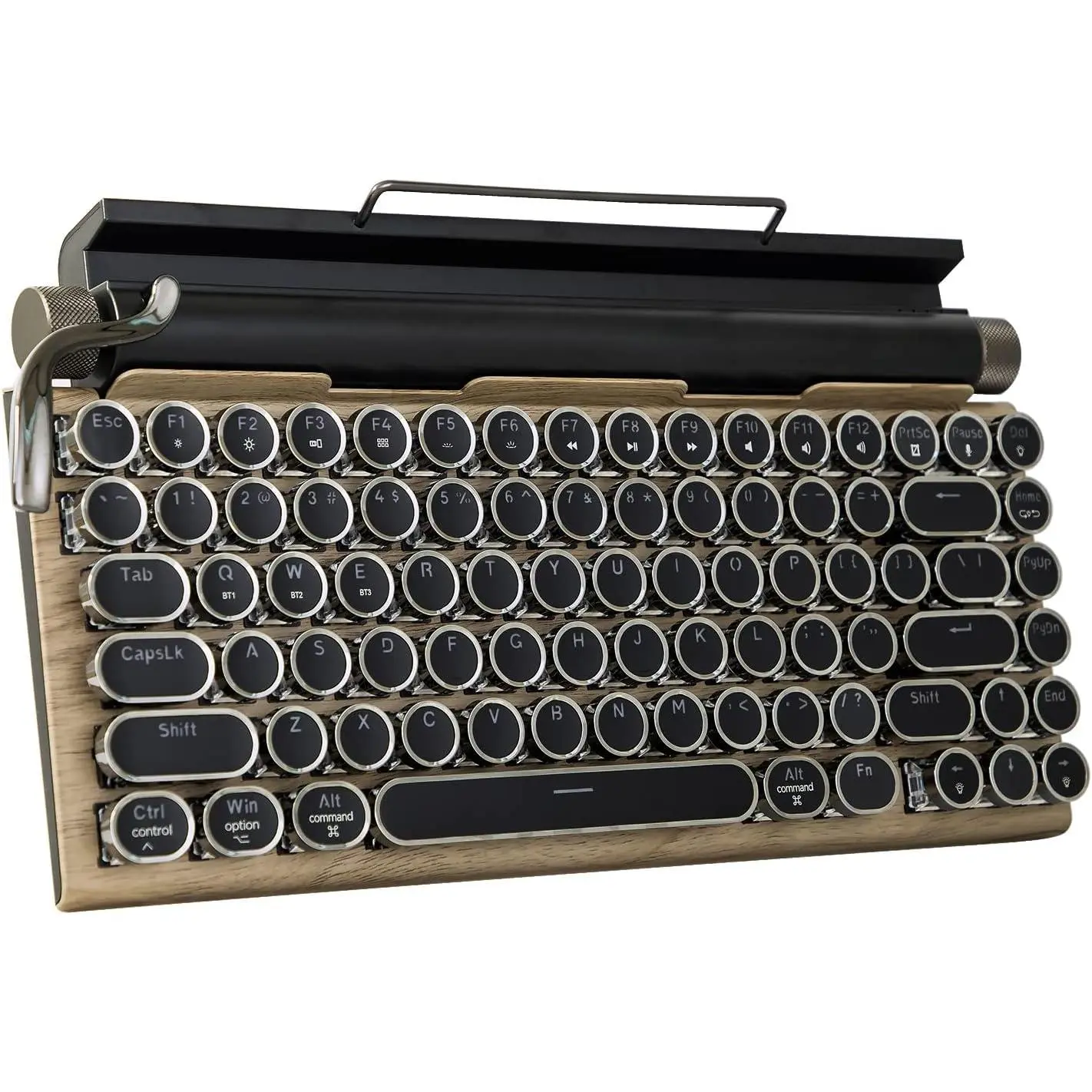 Adventurers Typewriter-Style Retro Mechanical Keyboard LED Backlight 83 Keys Bluetooth 5.0 Blue Axis Wood Color Panel Compatible with iOS/Android/Windows/Vista/Linux/Mac Office/Gaming, 12.8x6.6x1.6in
