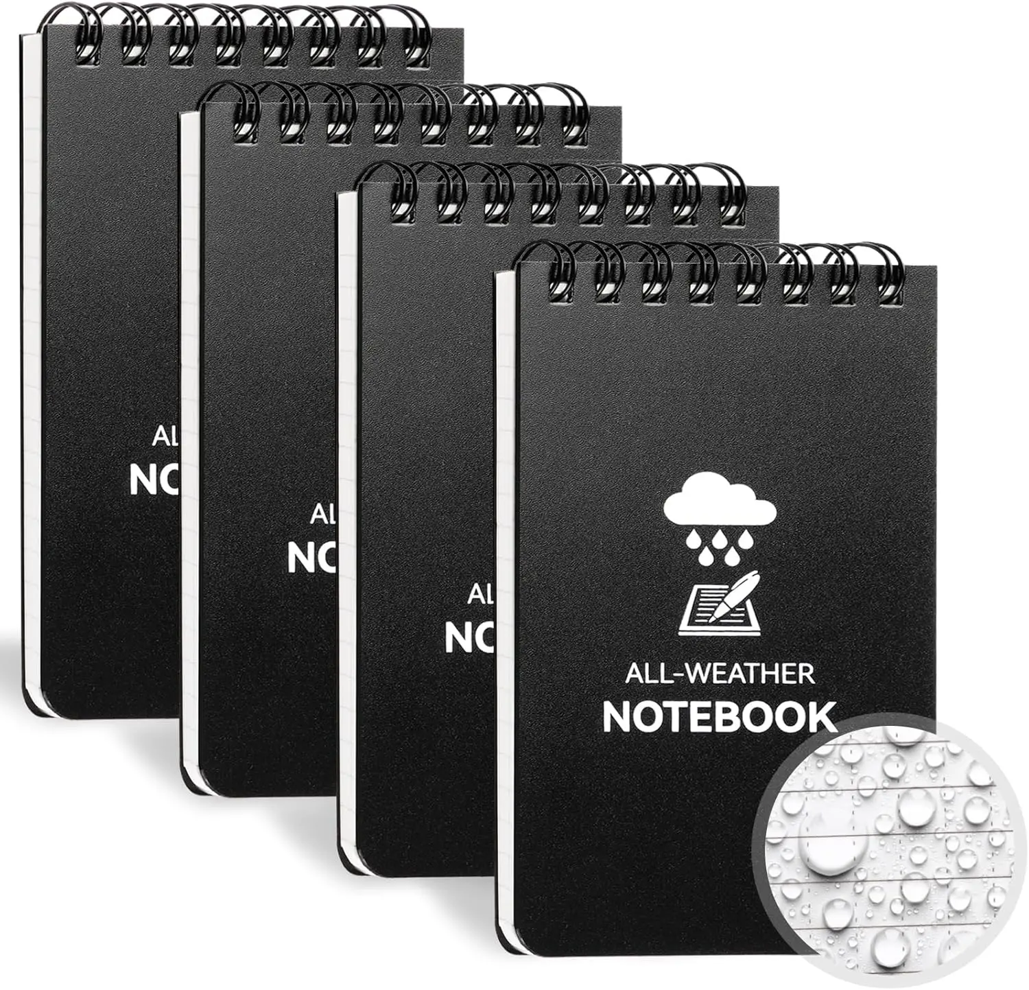 4-Pack 3x5 in Top-Spiral Binding Waterproof Black Cardstock Notebooks, Easy to Open and Close Pocket Notepads, Weatherproof for Police, Outdoor Office Recording (Office Stationery Supplies)