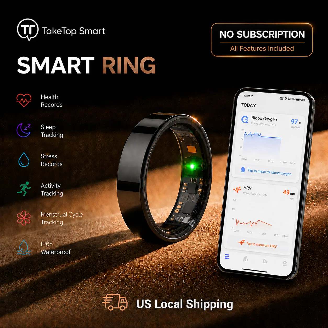 Smart Ring Health Tracker – Sleep, Heart Rate, SpO2 & HRV, No Subscription, 5–7 Day Battery, 5ATM Water Resistant, Android & iOS